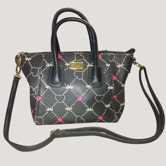 Luv Betsey Black Pink Heart Print Handbag Bag Satchel Detachable Strap Stylish - Picture 1 of 9